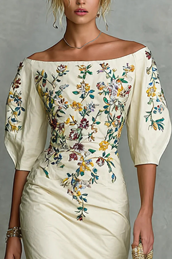 Cardydony Women's Floral Print Off-shoulder Puff Sleeve Fitted Midi Dress