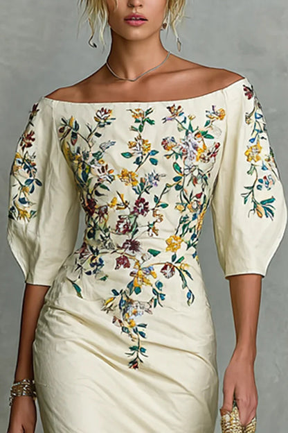 Cardydony Women's Floral Print Off-shoulder Puff Sleeve Fitted Midi Dress