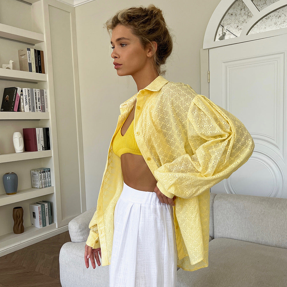 Cardydony Women's Romantic Eyelet Cotton Balloon Sleeve Button Down Blouse