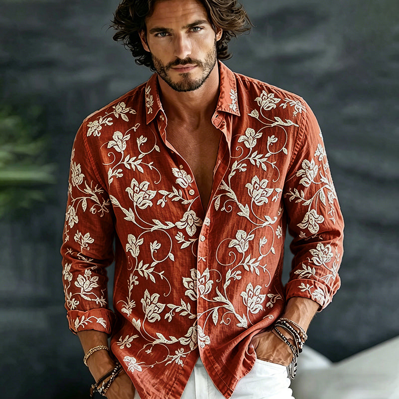 Cardydony Men's Vintage Spring Floral Embroidered Art Print Flowy Linen Blend Casual Shirt