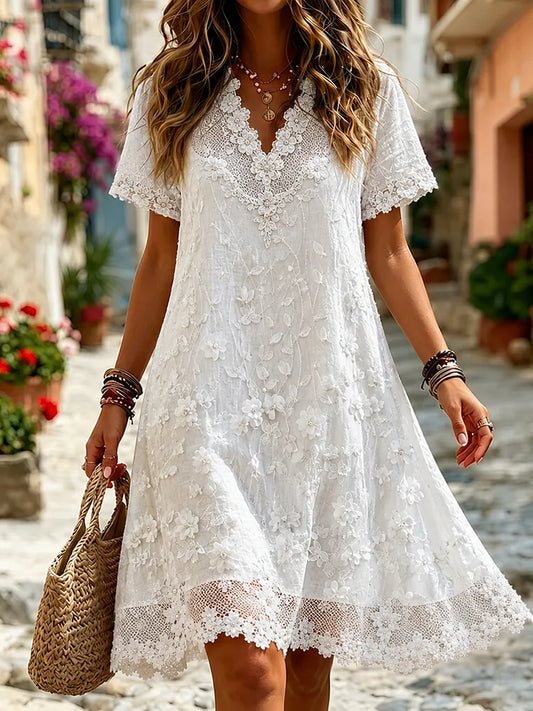 Cardydony Women's Elegant Floral Embroidered Lace Art V-neck Short Sleeve Midi Dress