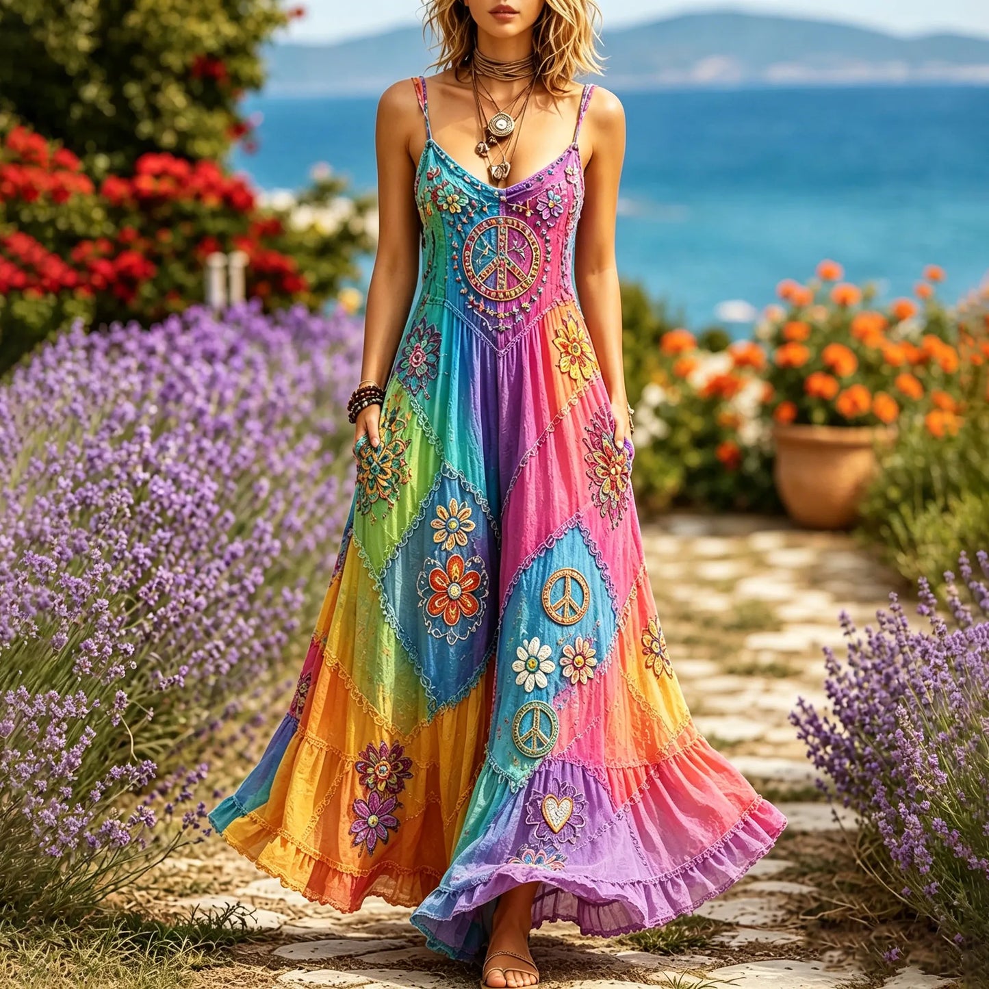 Cardydony Women's Hippie Floral Peace Sign Contrast Patchwork Sleeveless Dress