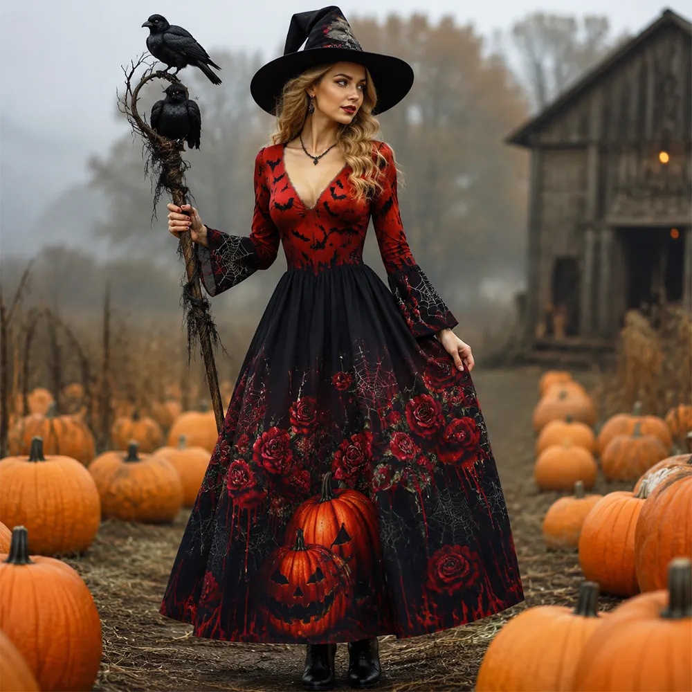 Cardydony Women's Halloween Gothic Maxi Dress - Red And Black Jack-o'-lanterns, Roses And Spider Webs Print Flowy Dress