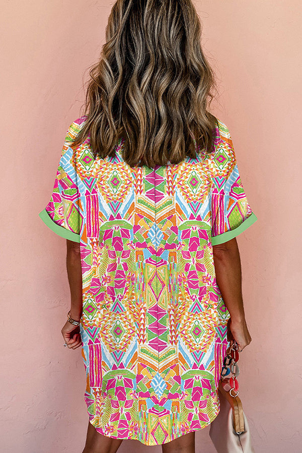 Cardydony Women's Unique Print Lapel Short Sleeve Single Breasted Loose Mini Dress