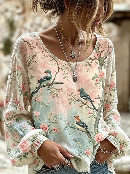 Cardydony Women's Retro Floral And Bird Print Bohemian Washed Linen Casual Shirt