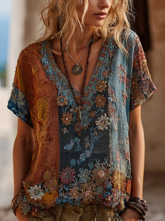 Cardydony Bohemian-style Plant-dyed Knitted Floral Loose Patchwork Short-sleeved Top