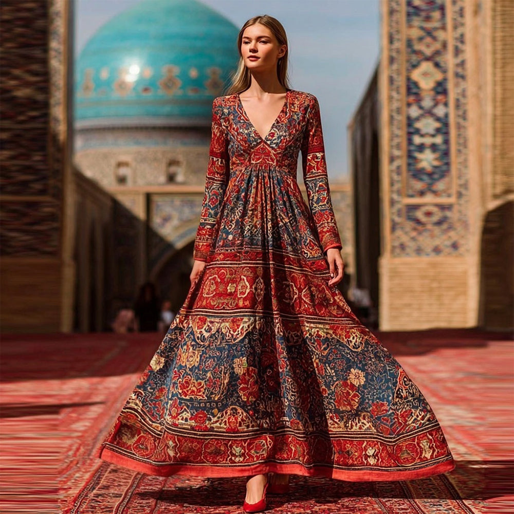 Cardydony Iran Persian Pattern Inspired V Neck Cozy Linen Maxi Dress