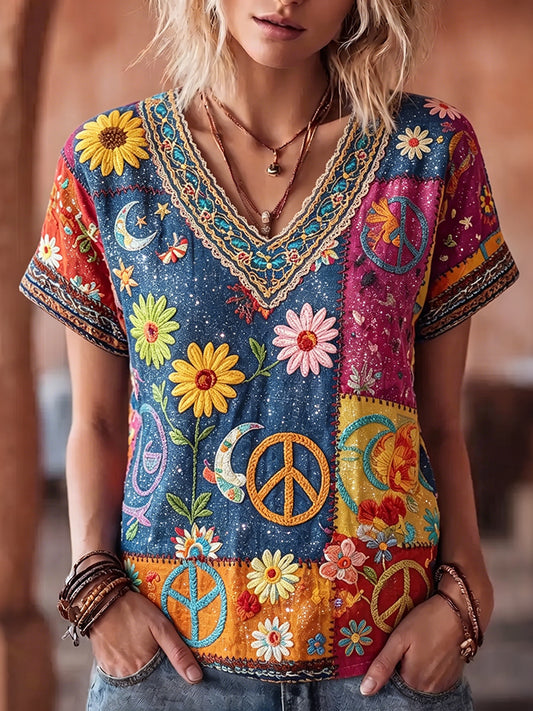Cardydony Women's Vintage Hippie Peace In Love Pattern Art Embroidered Linen Blend V Neck Shirts