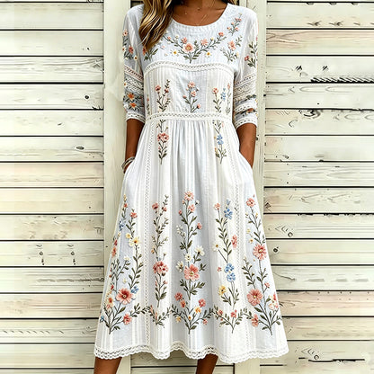 Cardydony Vintage Floral Vine 3d Art Embroidery Spliced Cotton Linen Distressed Round Neck Mid-sleeve Dress