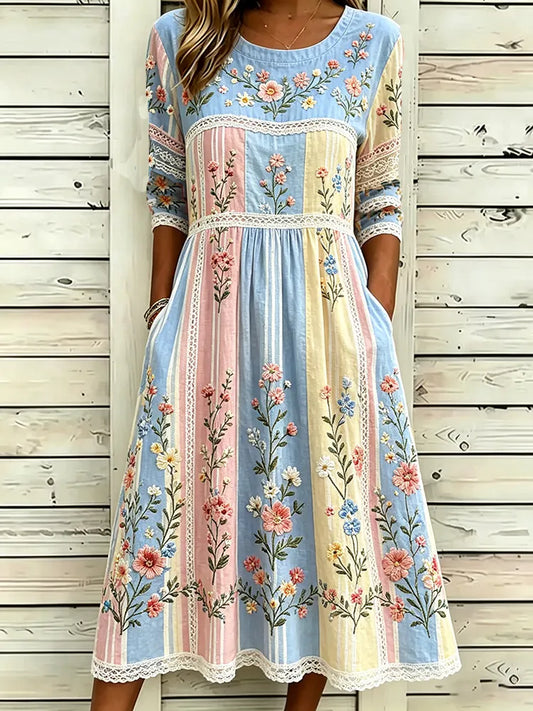 Cardydony Vintage Floral Vine 3d Art Embroidery Spliced Cotton Linen Distressed Round Neck Mid-sleeve Dress
