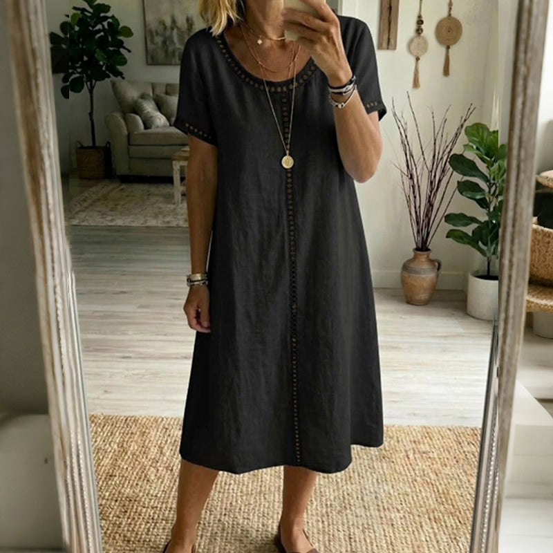Cardydony Women's Solid Color Round Neck Short Sleeve Linen Blend Midi Dress