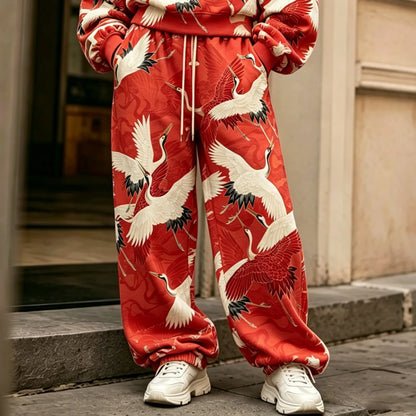 Cardydony Women's Vintage Japanese Crane Art Print Hoodie Two Piece Set