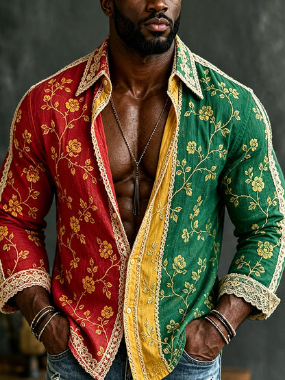 Cardydony Men's Retro Bohemian Reggae With Floral Patchwork Art Casual Linen Long Sleeves Shirt