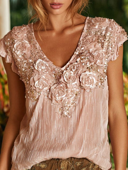 Cardydony Women's Bohemian Style Floral Rose And Sequin Comfortable Short-sleeve Top