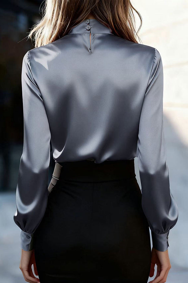 Cardydony Women's Solid Color Satin Long-sleeved Casual Tie-front Shirt