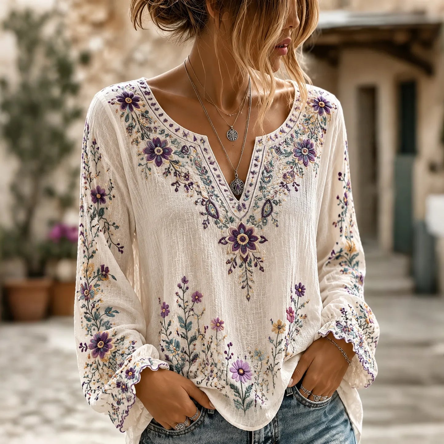 Cardydony Women's Retro Boho Floral Art Cotton Linen V Neck T-shirt
