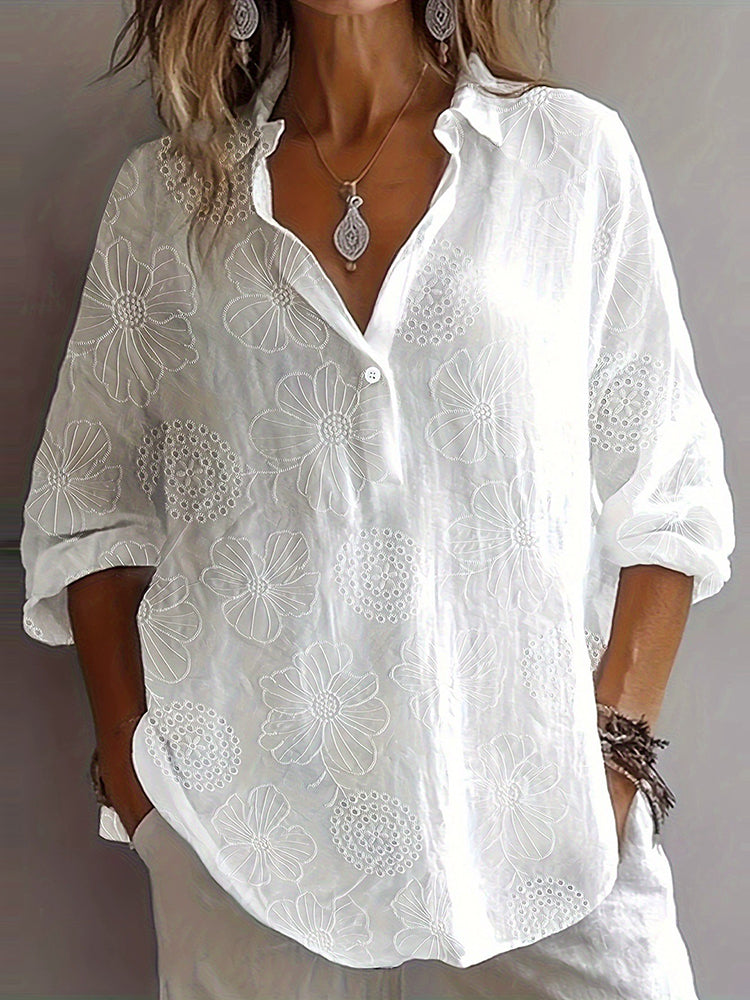Cardydony Women's Vintage Floral Lace Cotton And Linen Shirt