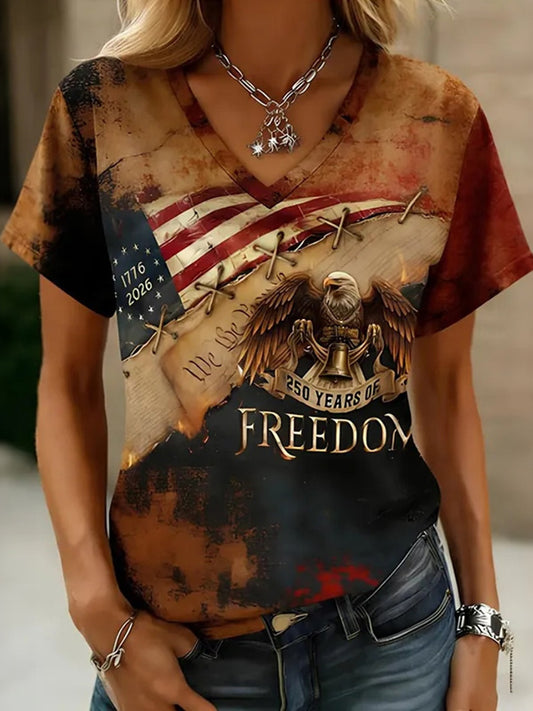 Cardydony Women's Retro Independence Day Flag Eagle Art Print V Neck Short Sleeve T-shirt