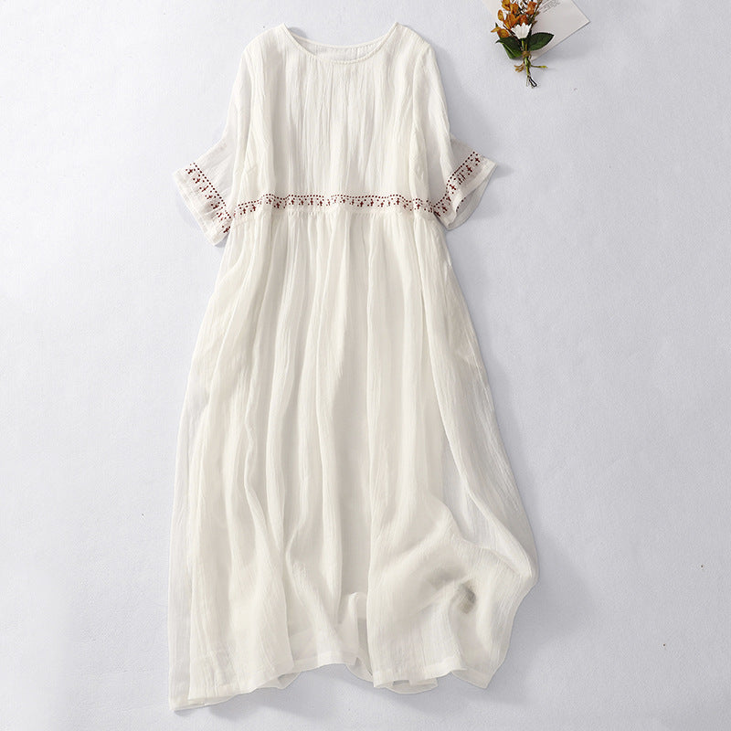 Cardydony Women's Solid Color Embroidery Linen Ramie Dress