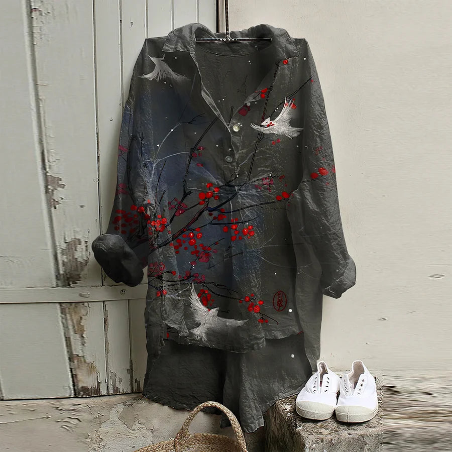Cardydony Women's Japanese Art Red Plum And Birds Linen Blend High Low Tunic