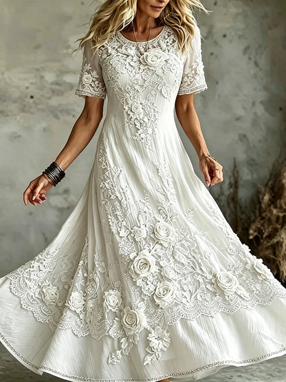Cardydony Women's Vintage Rose Floral Art Flowy Linen Blend Casual Maxi Dress
