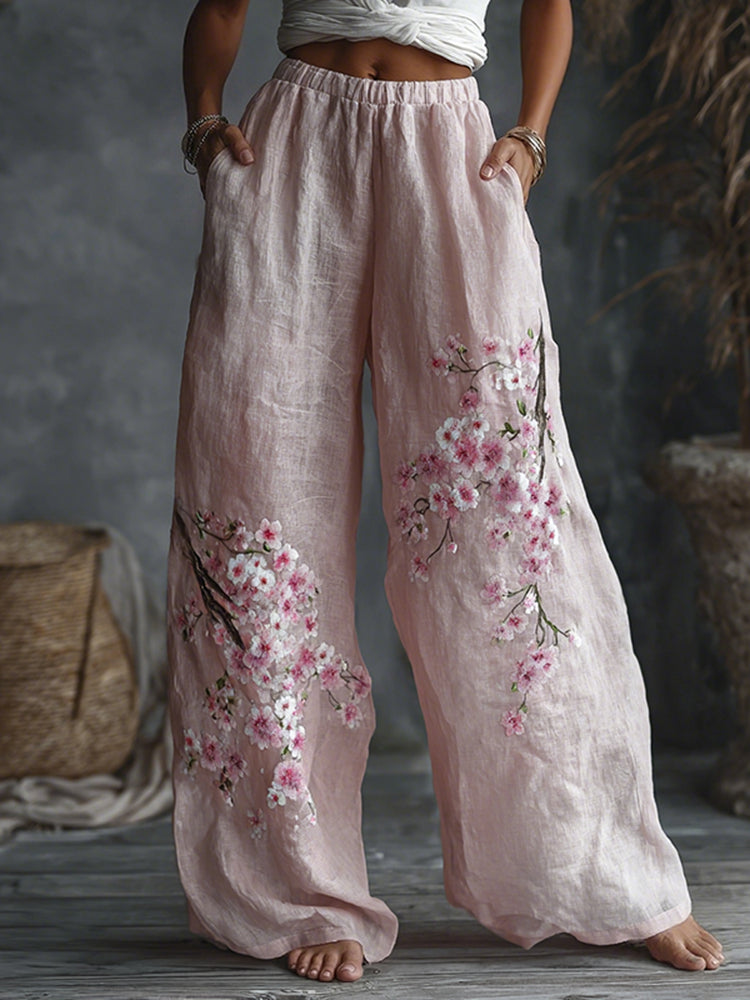 Cardydony Women's Japanese Floral Pattern Linen Casual Pants