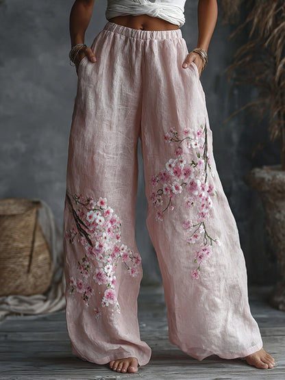 Cardydony Women's Japanese Floral Pattern Linen Casual Pants