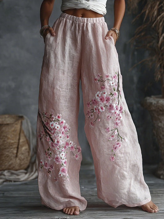 Cardydony Women's Japanese Floral Pattern Linen Casual Pants
