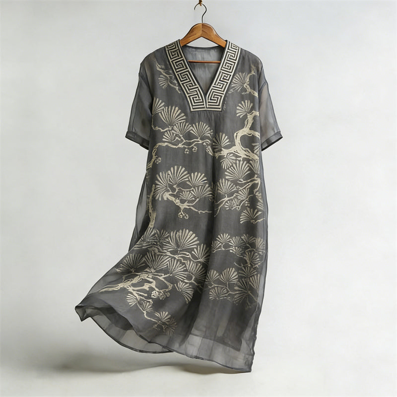 Cardydony Pine Trees Japanese Lino Art Flowy Linen Maxi Dress