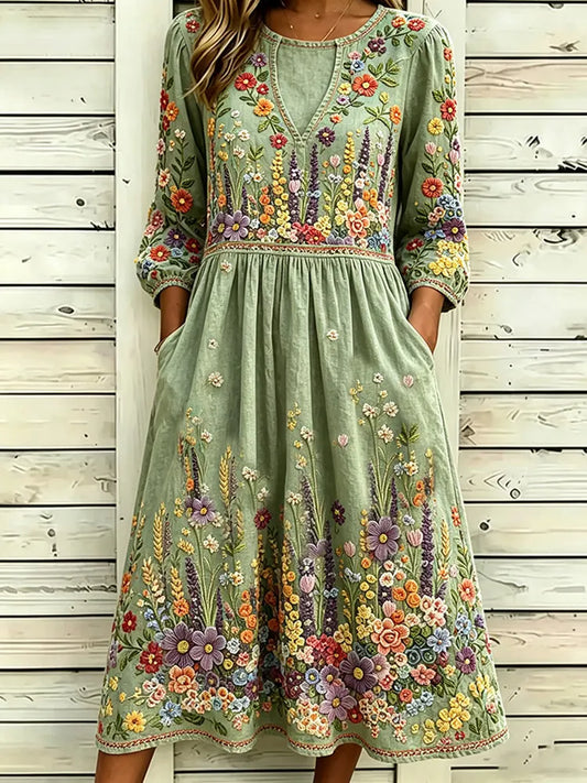 Cardydony Vintage Colorful Floral And Artistic Comfortable Cotton Linen Crew Neck Half-sleeve Dress