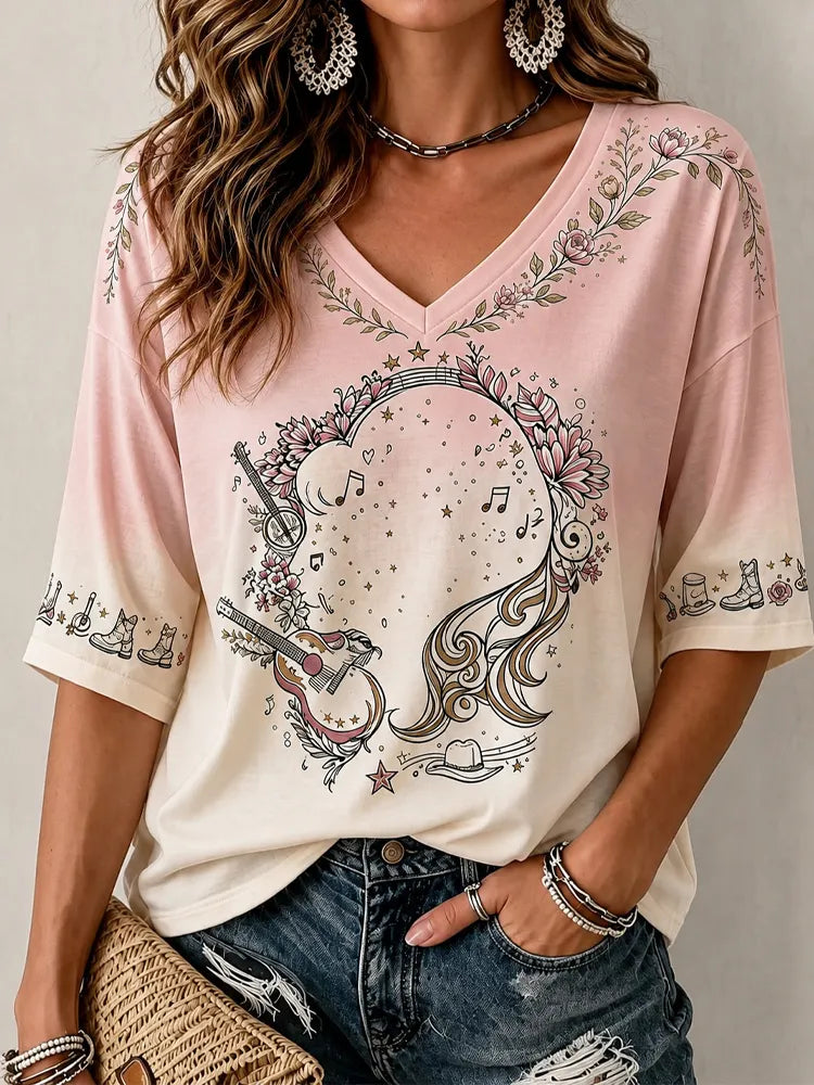 Cardydony Women's Western Country Cowboy Silhouette Short-sleeve Top