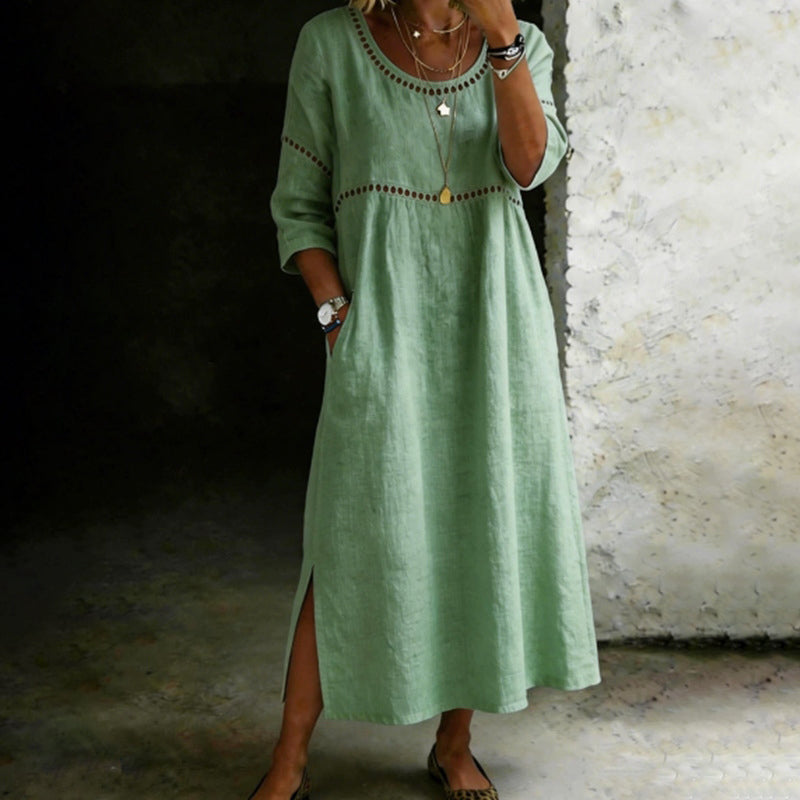 Cardydony Women's Solid Color Round Neck Split Linen Blend Midi Dress