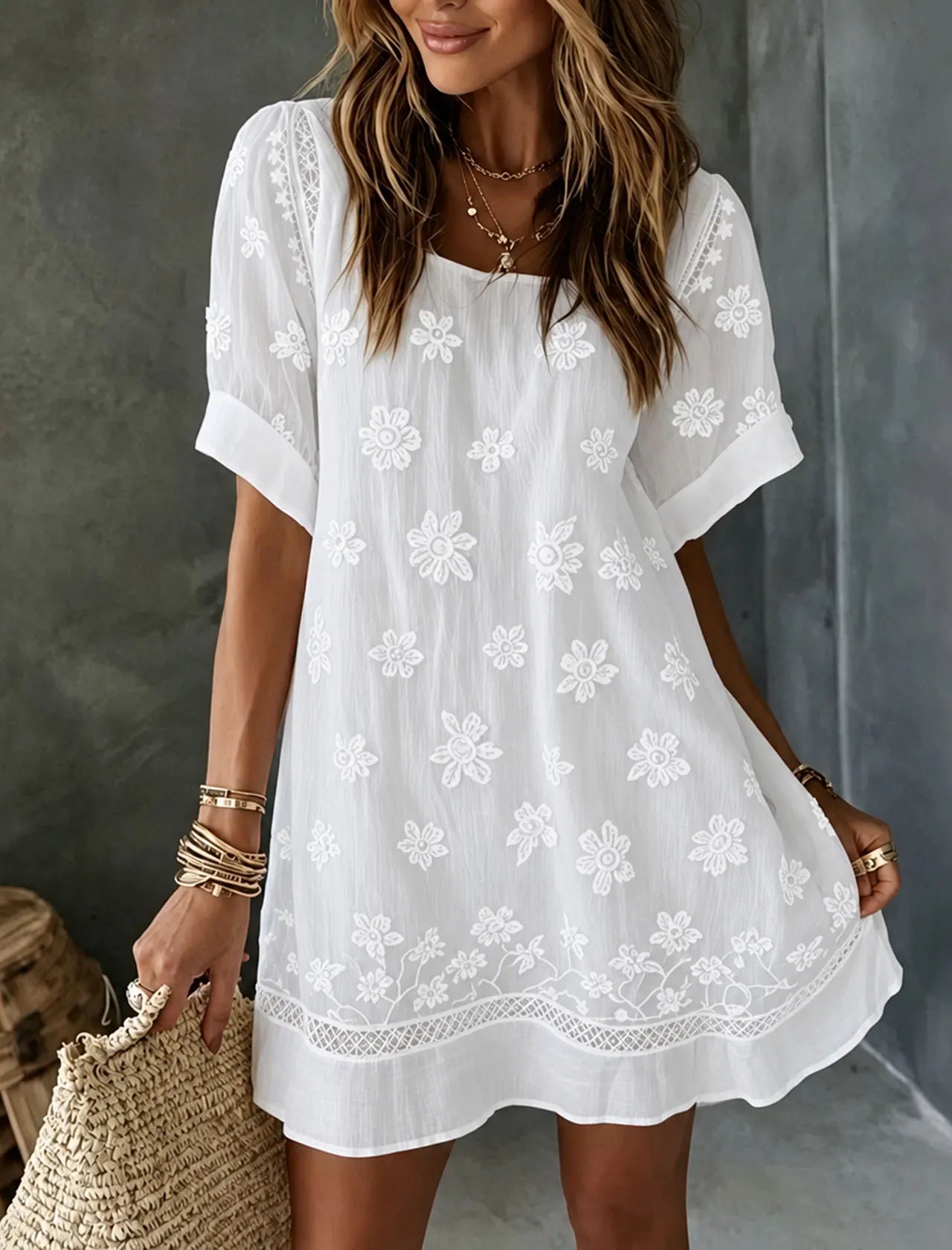 Cardydony Women's White Rose Art Embroidered Linen Blend Round Neck Maxi Dress