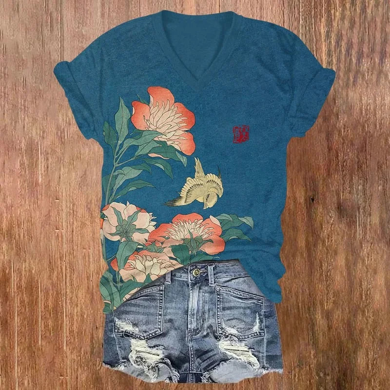 Cardydony Women's Vintage Floral Print V-neck T-shirt