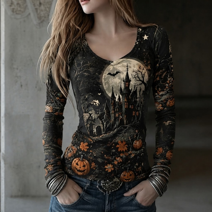 Cardydony Women's Scoop Neck 3/4 Sleeve Halloween T-shirt With Haunted Castle, Full Moon, And Jack-o'-lantern Print