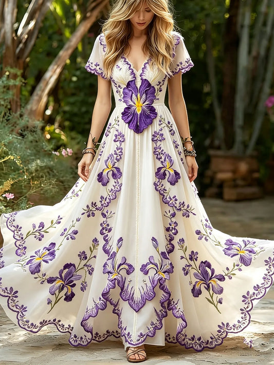Cardydony Women's Retro Violet Floral Embroidered Long Dress