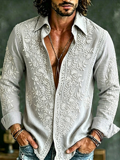 Cardydony Men's Causal Floral Art Print Flowy Linen Blend Shirt