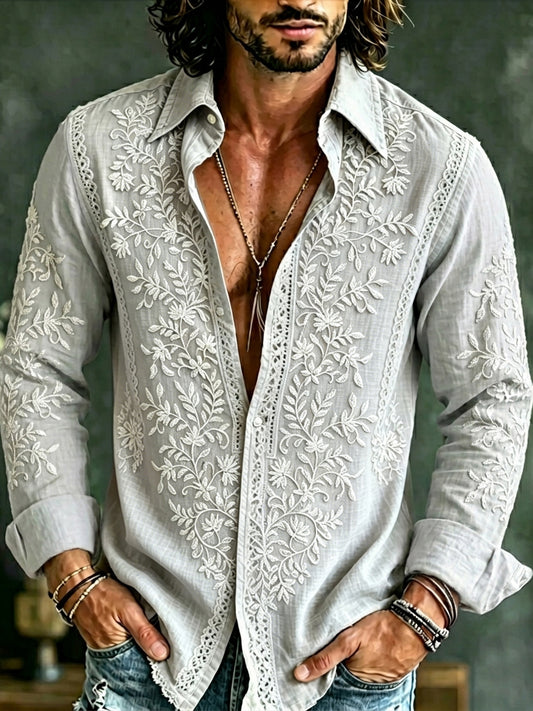 Cardydony Men's Causal Floral Art Print Flowy Linen Blend Shirt