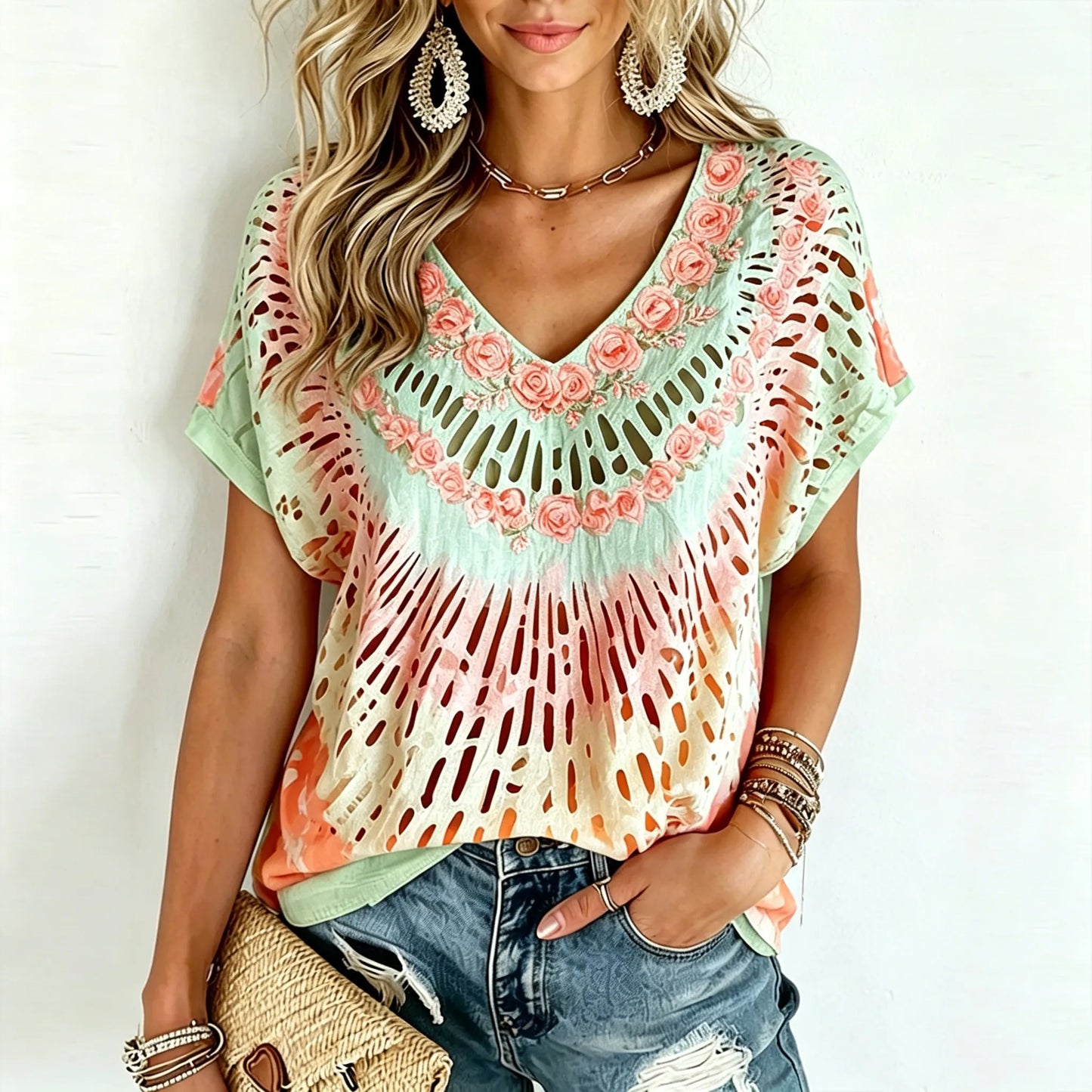 Cardydony Women's Retro Hippie Peace And Love Floral Casual T-shirt