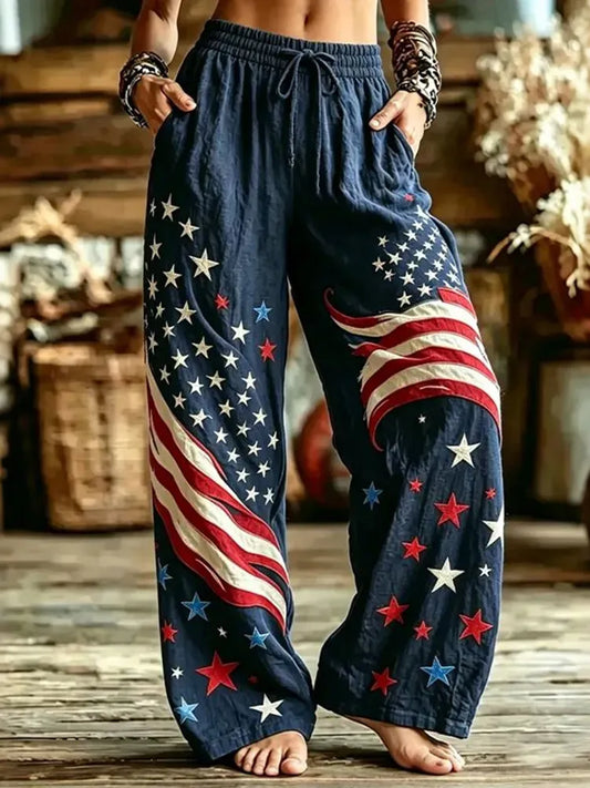 Cardydony Women's Casual American Flag And Star Print Cotton Linen Trousers