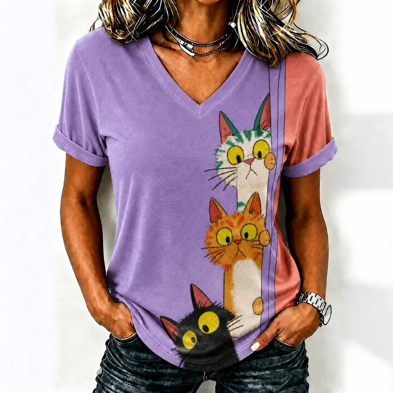 Cardydony Women's Cute Cat Printed Casual T-shirt