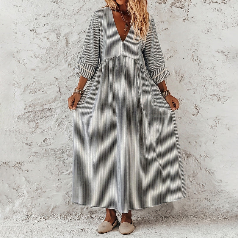 Cardydony Women's Retro Stripes Print Elegant Linen Dress