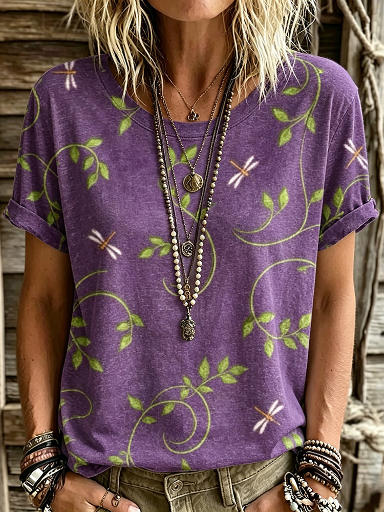 Cardydony Women's Retro Leaf And Dragonfly Pattern Crew Neck T-shirt