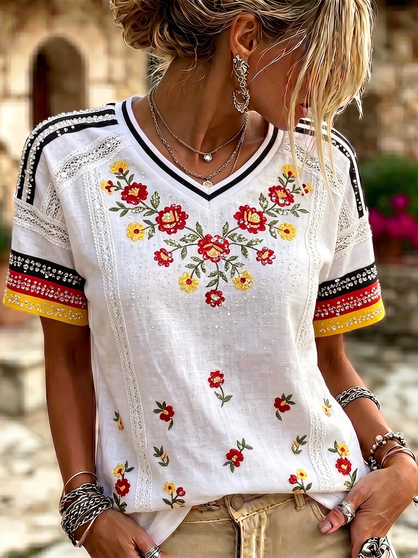 Cardydony Vintage Floral Hot Drill Art V-neck Cotton Linen Short-sleeved T-shirt
