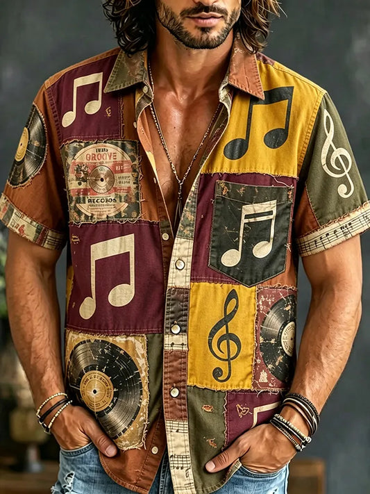 Cardydony Men's Hippie Music Patchwork Art Print Casual Shirt