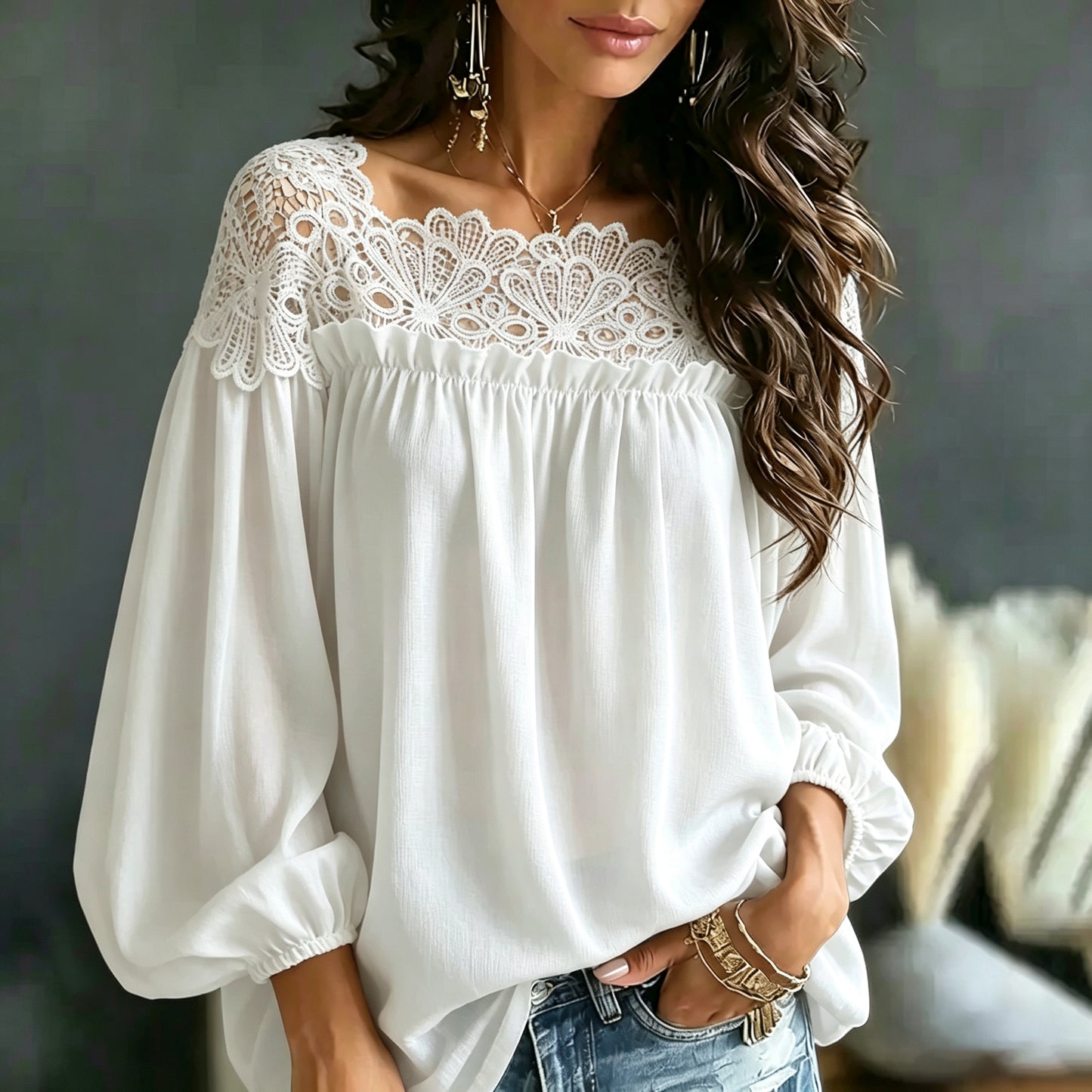 Cardydony Lace Off‑shoulder Boho Blouse Women Elegant Hollow‑out Long Sleeve Flowy Casual Tops