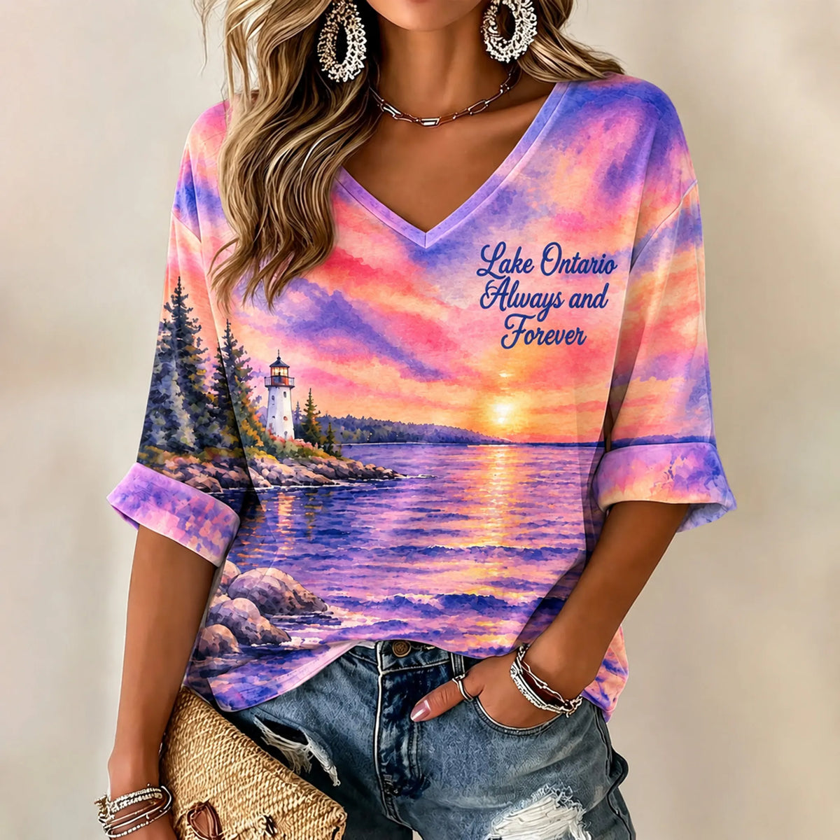 Cardydony Women's Lake Ontario Always And Forever Printed Mid-length Sleeves V-neck T-shirt