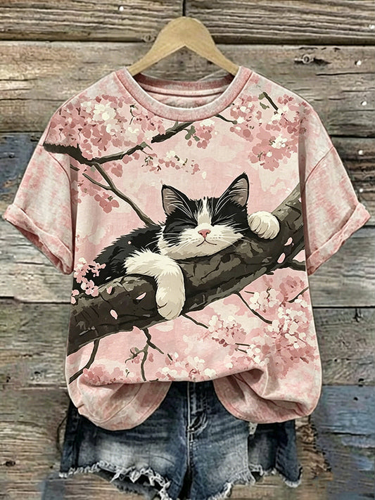 Cardydony Retro Cute Cat And Cherry Blossom Pattern Casual T-shirt