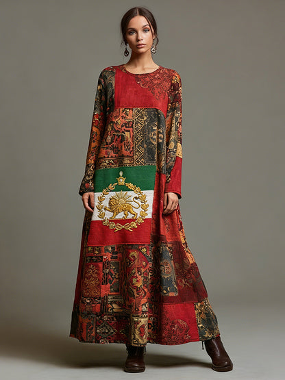 Cardyodny Iran Persian Lion Persian Patchwork Linen Maxi Dress