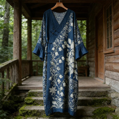 Cardydony Vintage Japanese Floral Women's V-neck Linen Maxi Dress